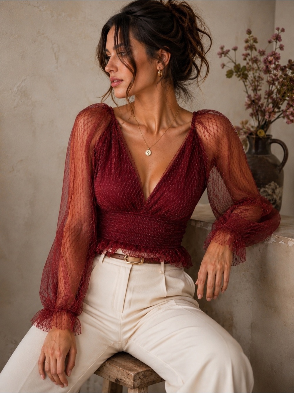Anthropologie Romantic Tulle Puff Sleeve Blouse | Sheer Mesh Smocked Waist Top
